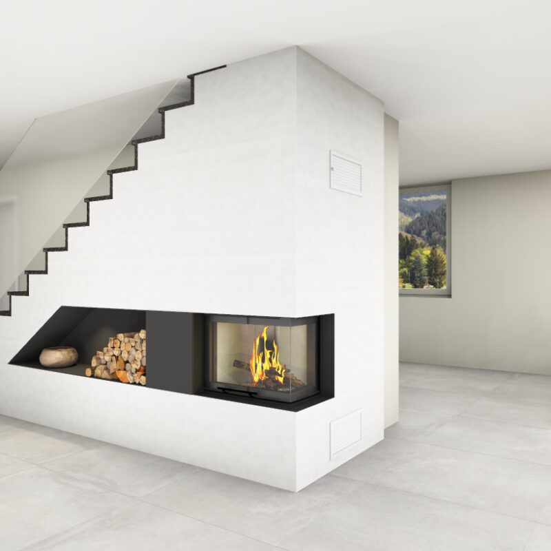 Eckkamin, Treppe, Kaminbausatz 67/34/51, 7 kw, Holzfach und Wärmespeicher