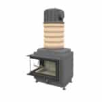 Brunner Kachelofeneinsatz HKD 11 Eckfenster - front/links, Anbaurahmen schwarz, MAS Modulaufsatzspeicher 440 mm mit Gusshaube 180 mm