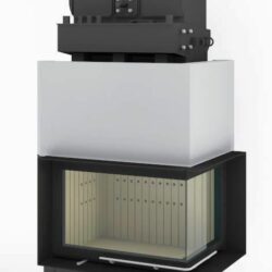 Glas Front links, Abbildung mit Anbaurahmen 50 mm schwarz,Kamineinsatz wasserführend Brunner Eckkamin 45/67/44